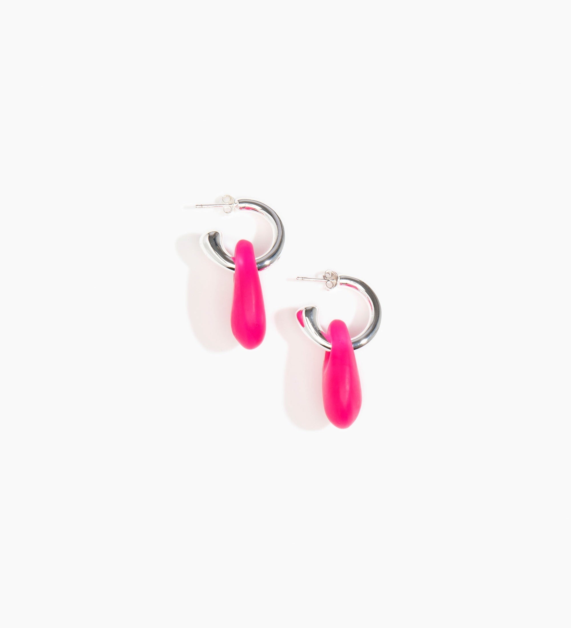 Dinosaur Designs Small Rock Hoop Earrings Earrings in Flamingo color resin with Silver-Plated Brass Hoop Material