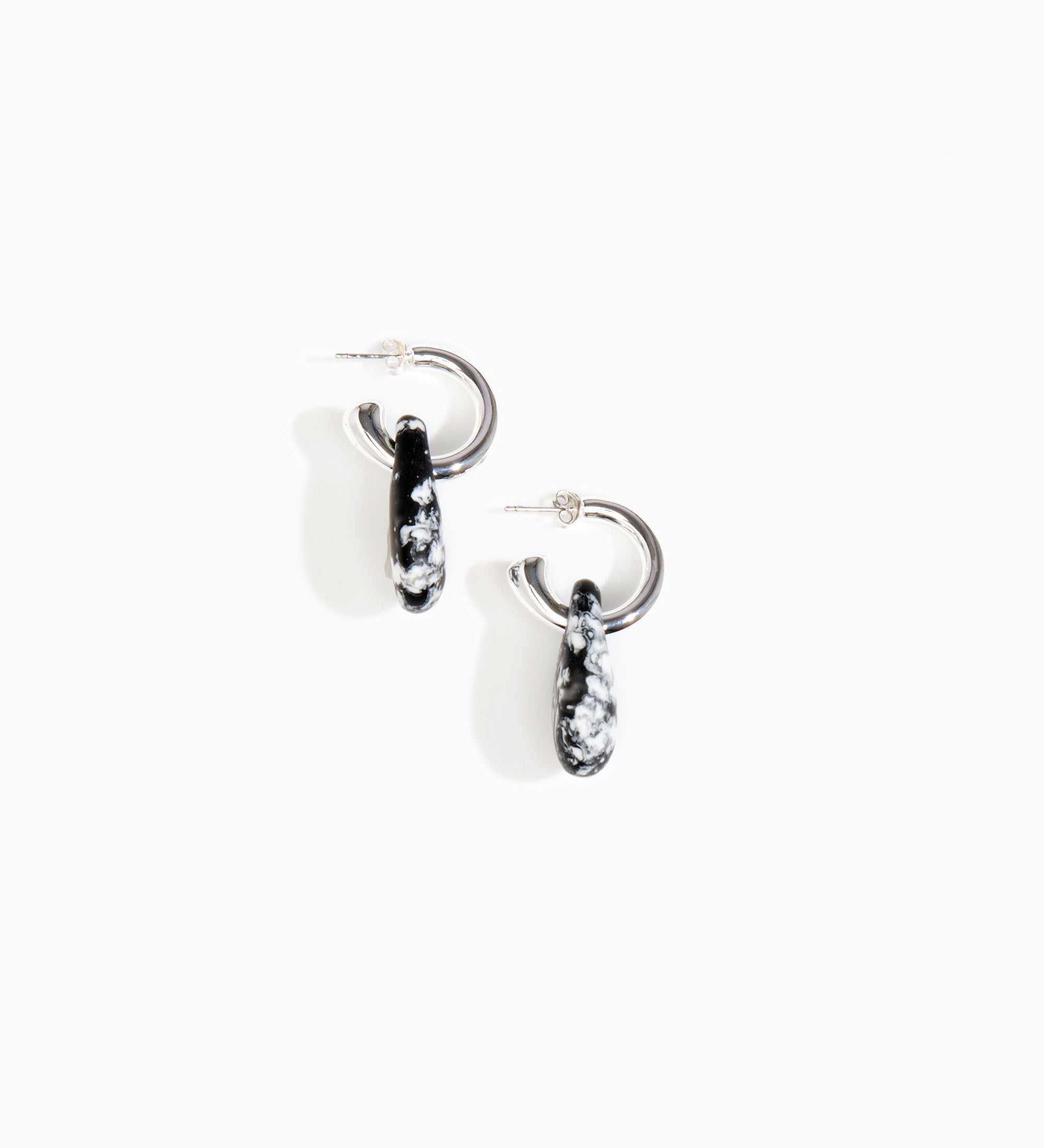 Dinosaur Designs Small Rock Hoop Earrings Earrings in Black Marble color resin with Silver-Plated Brass Hoop Material