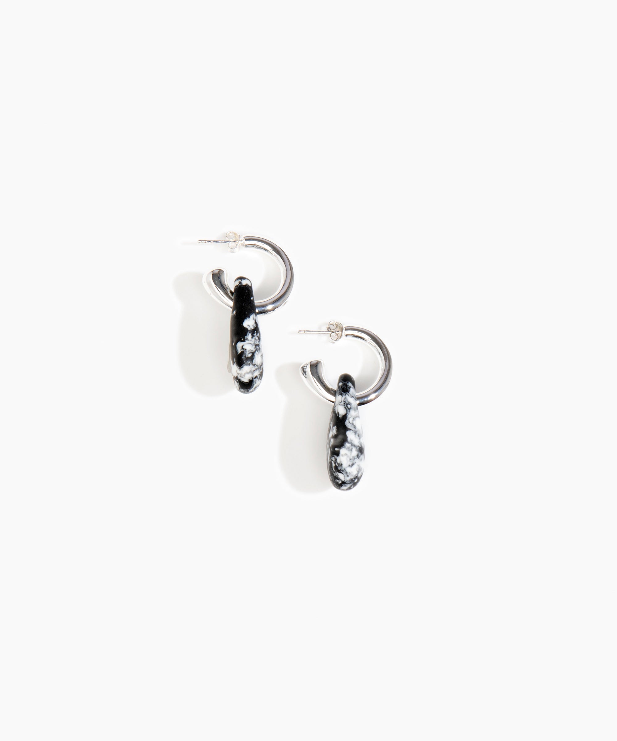 Dinosaur Designs Small Rock Hoop Earrings Earrings in Black Marble color resin with Silver-Plated Brass Hoop Material