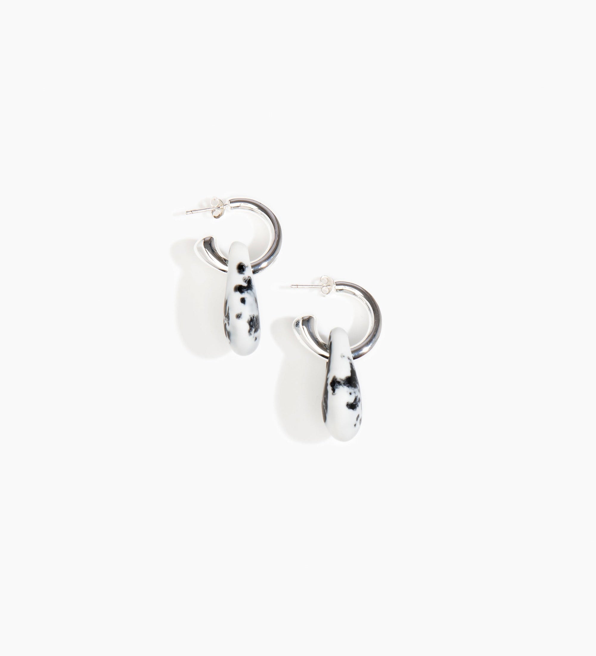 Dinosaur Designs Small Rock Hoop Earrings Earrings in White Marble color resin with Silver-Plated Brass Hoop Material