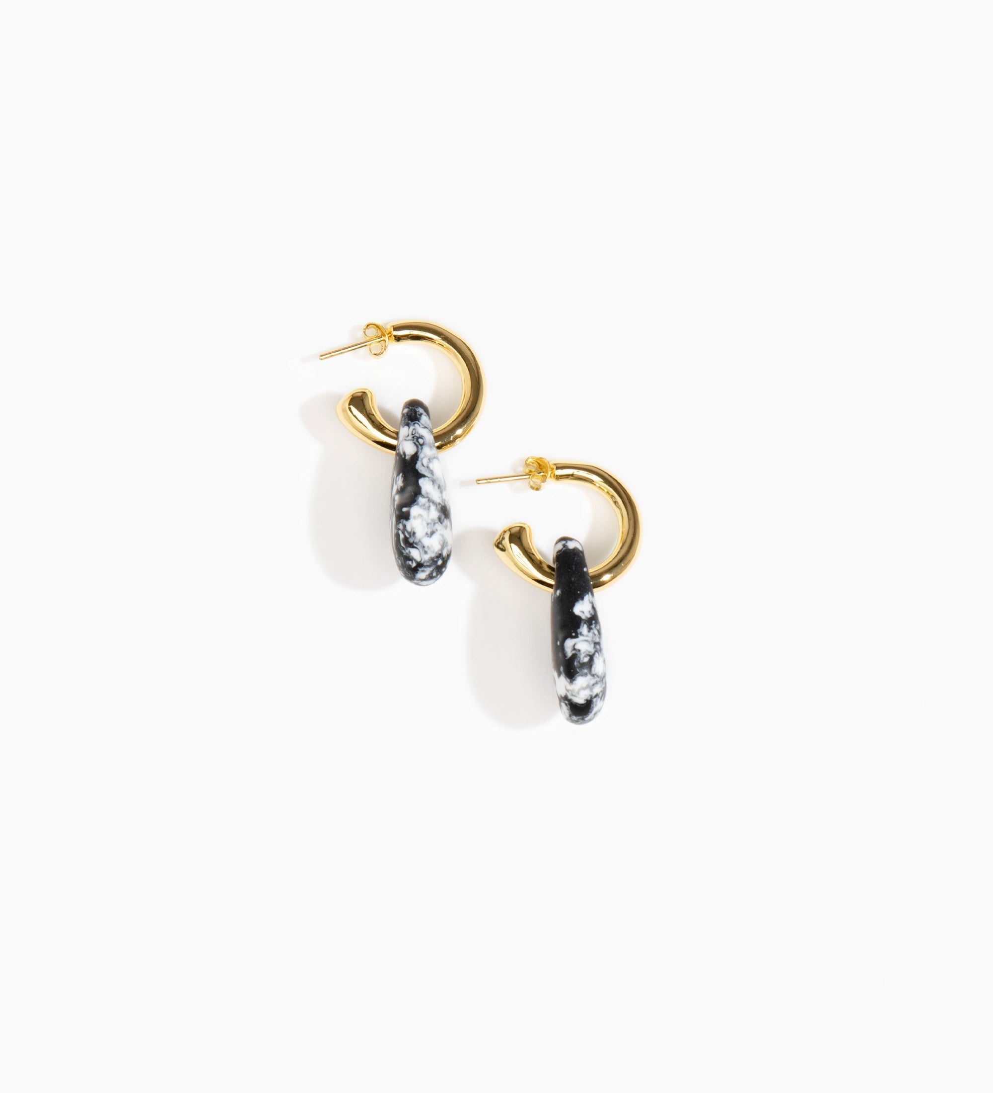 Dinosaur Designs Small Rock Hoop Earrings Earrings in Black Marble color resin with Brass Hoop Material