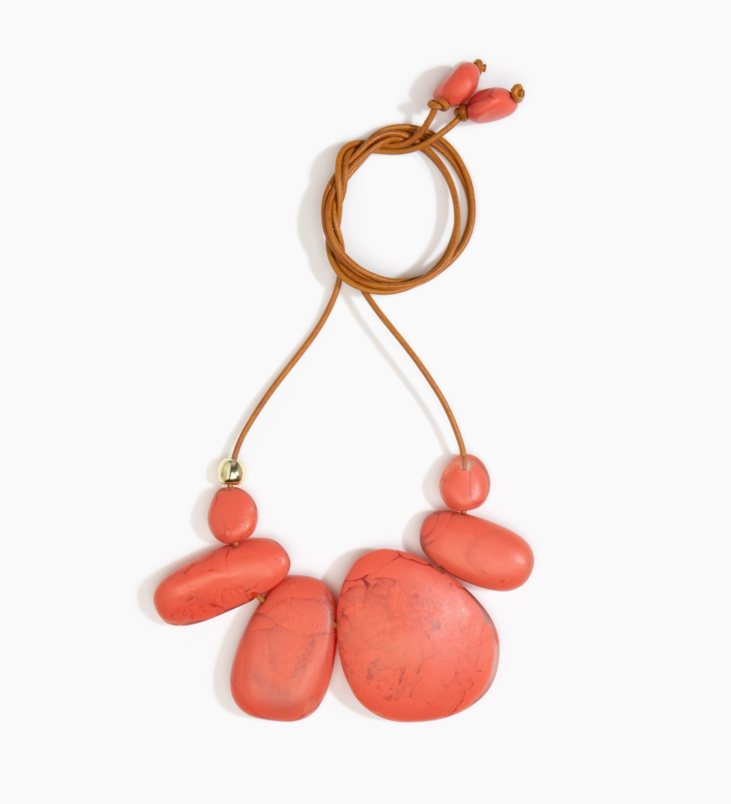 Dinosaur Designs Riverstone Choker Necklaces in Coral Swirl color resin with Brass Bead on Tan Leather Material