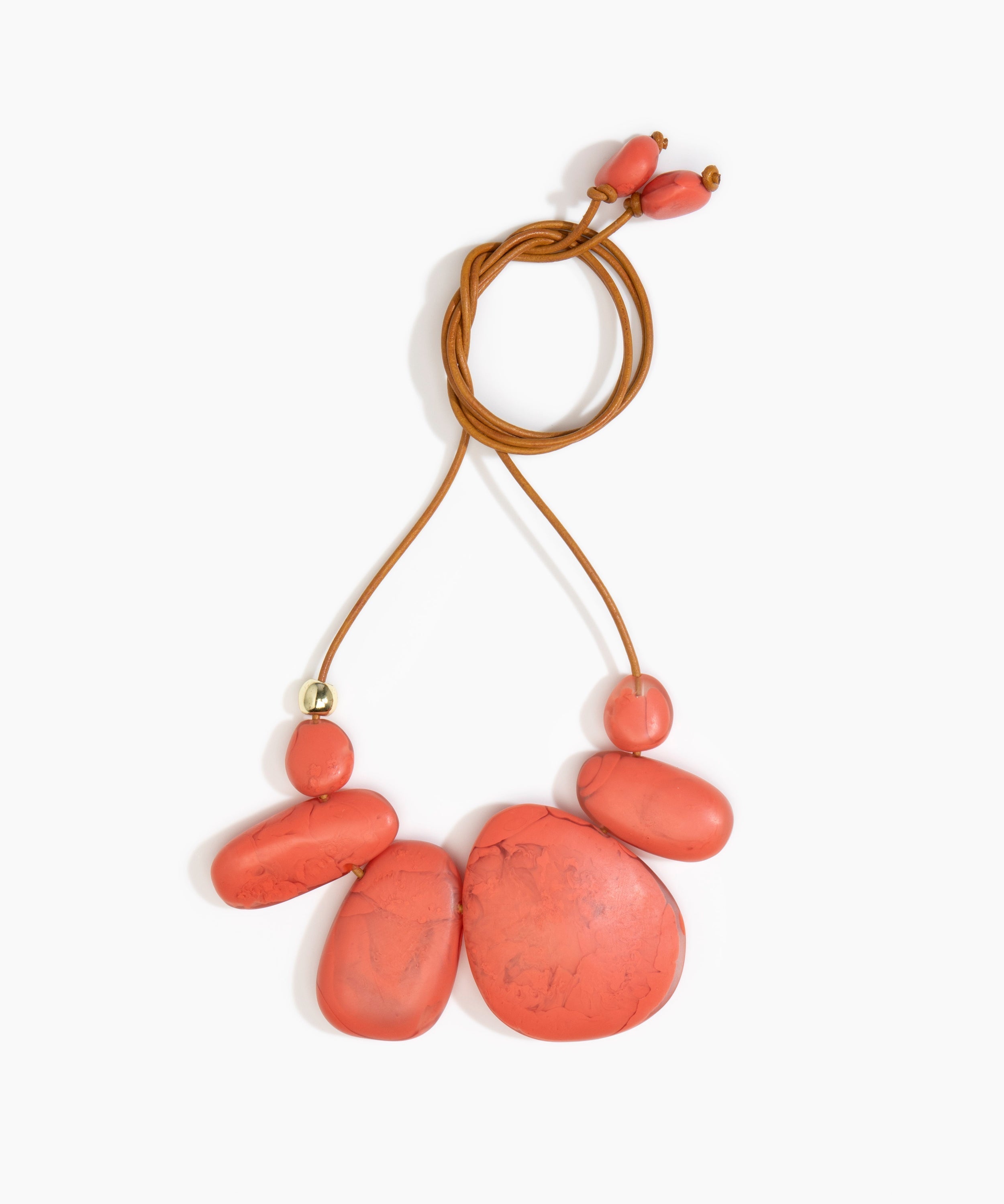 Dinosaur Designs Riverstone Choker Necklaces in Coral Swirl color resin with Brass Bead on Tan Leather Material