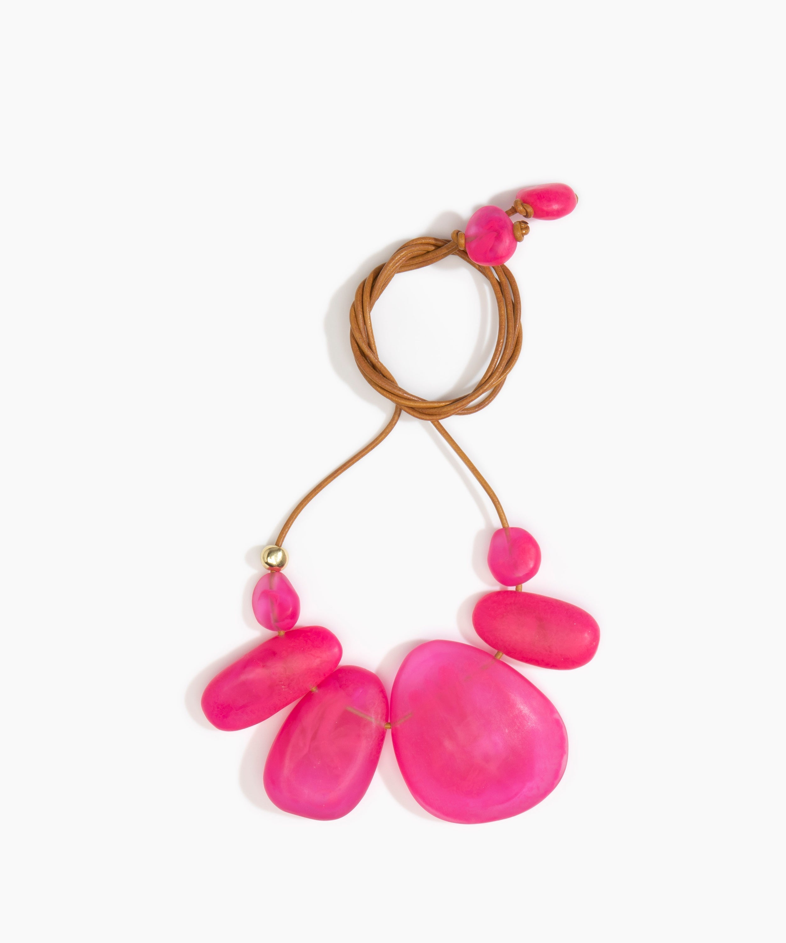 Dinosaur Designs Riverstone Choker Necklaces in Flamingo color resin with Brass Bead on Tan Leather Material