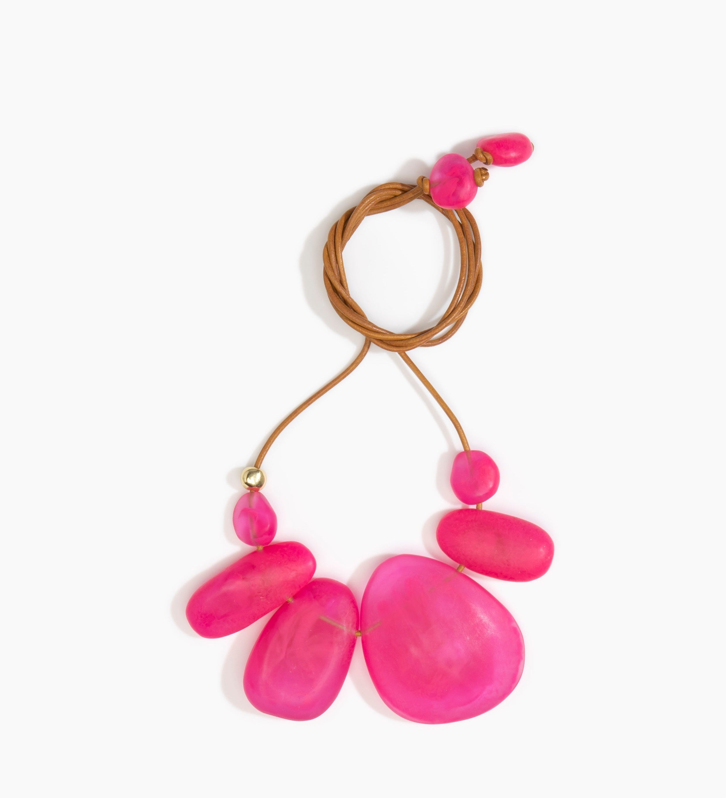 Dinosaur Designs Riverstone Choker Necklaces in Flamingo color resin with Brass Bead on Tan Leather Material