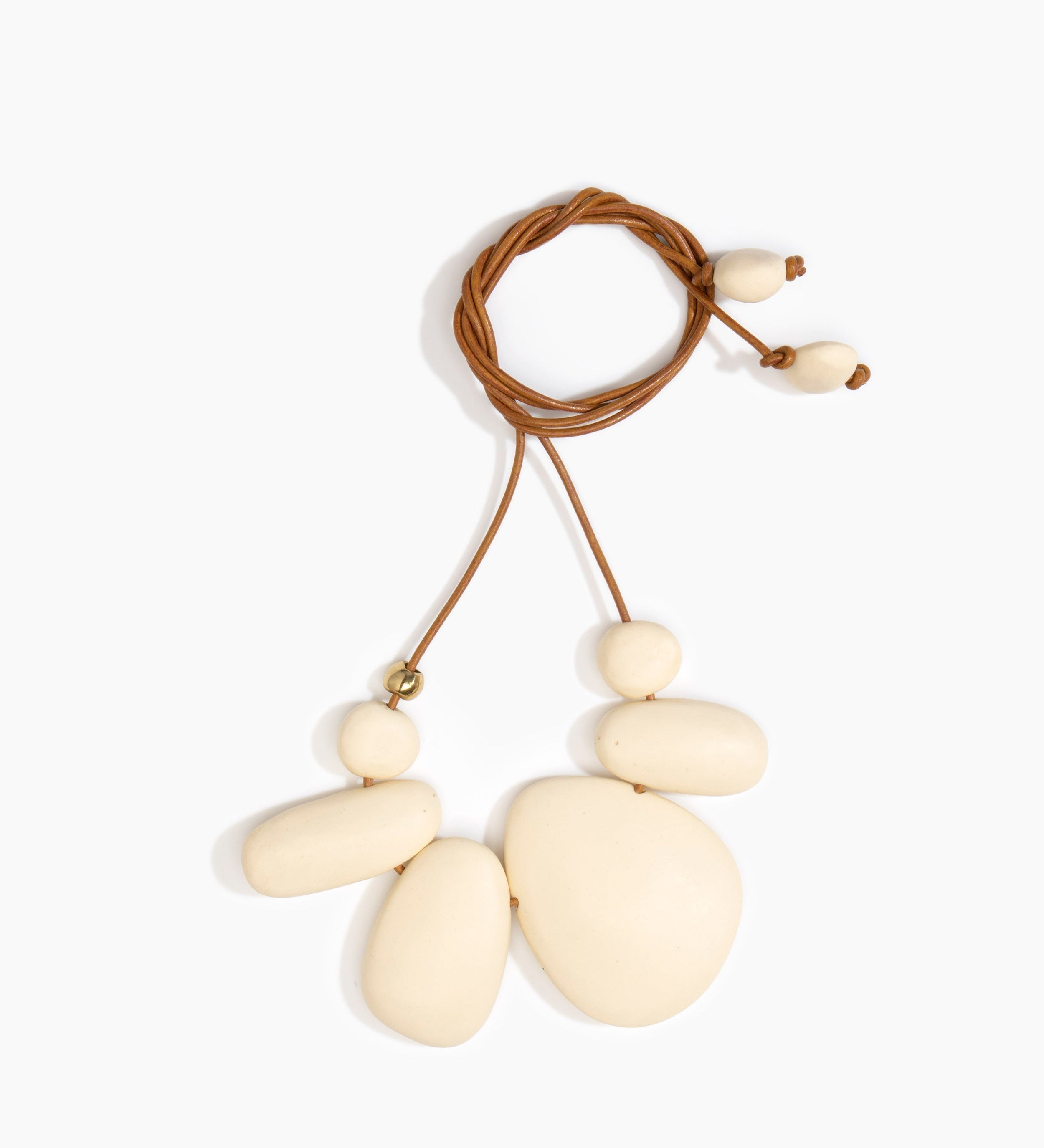 Dinosaur Designs Riverstone Choker Necklaces in Cream color resin with Brass Bead on Tan Leather Material