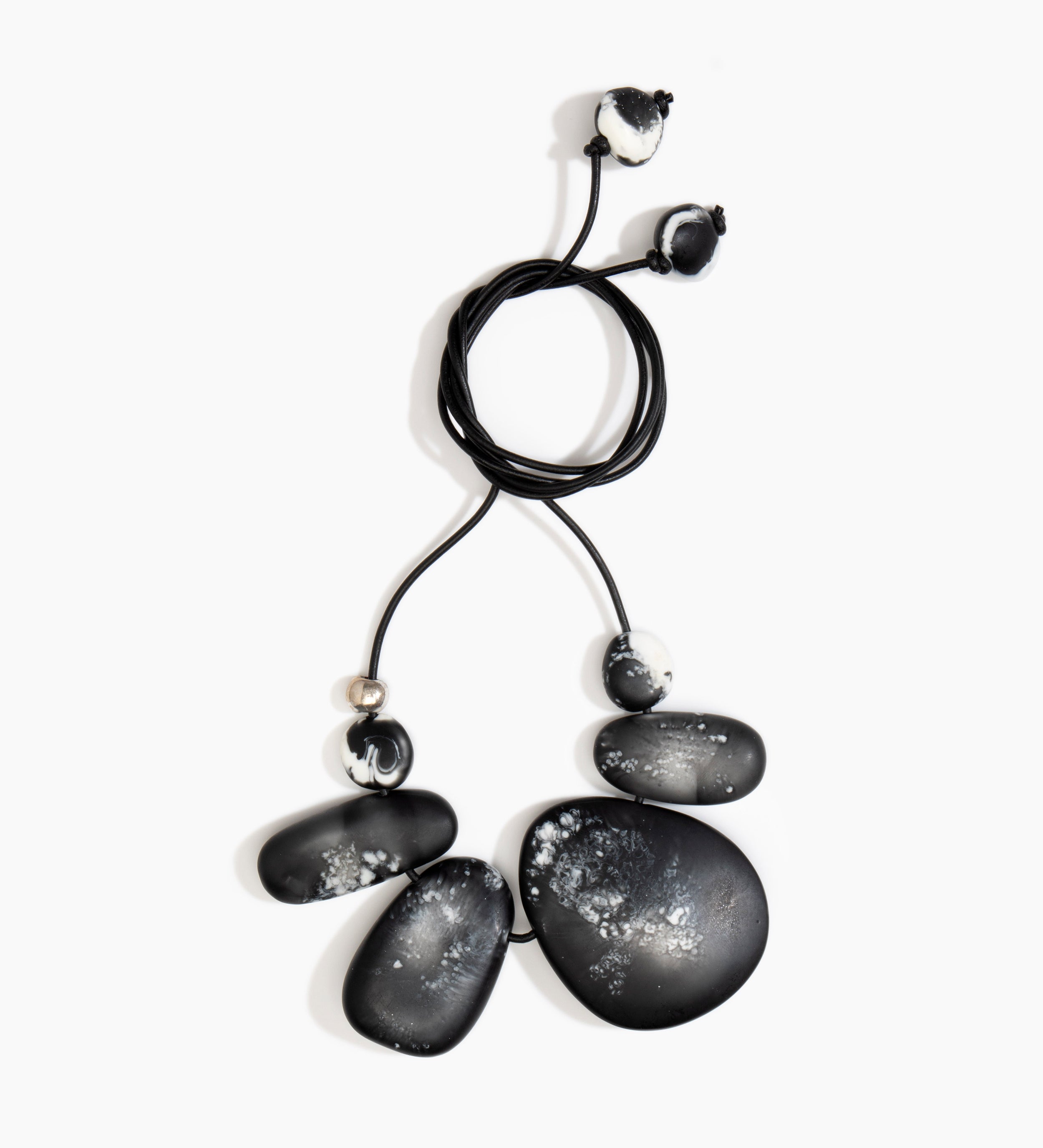 Dinosaur Designs Riverstone Choker Necklaces in Black Marble color resin with Silver 925 Bead on Black Leather Material