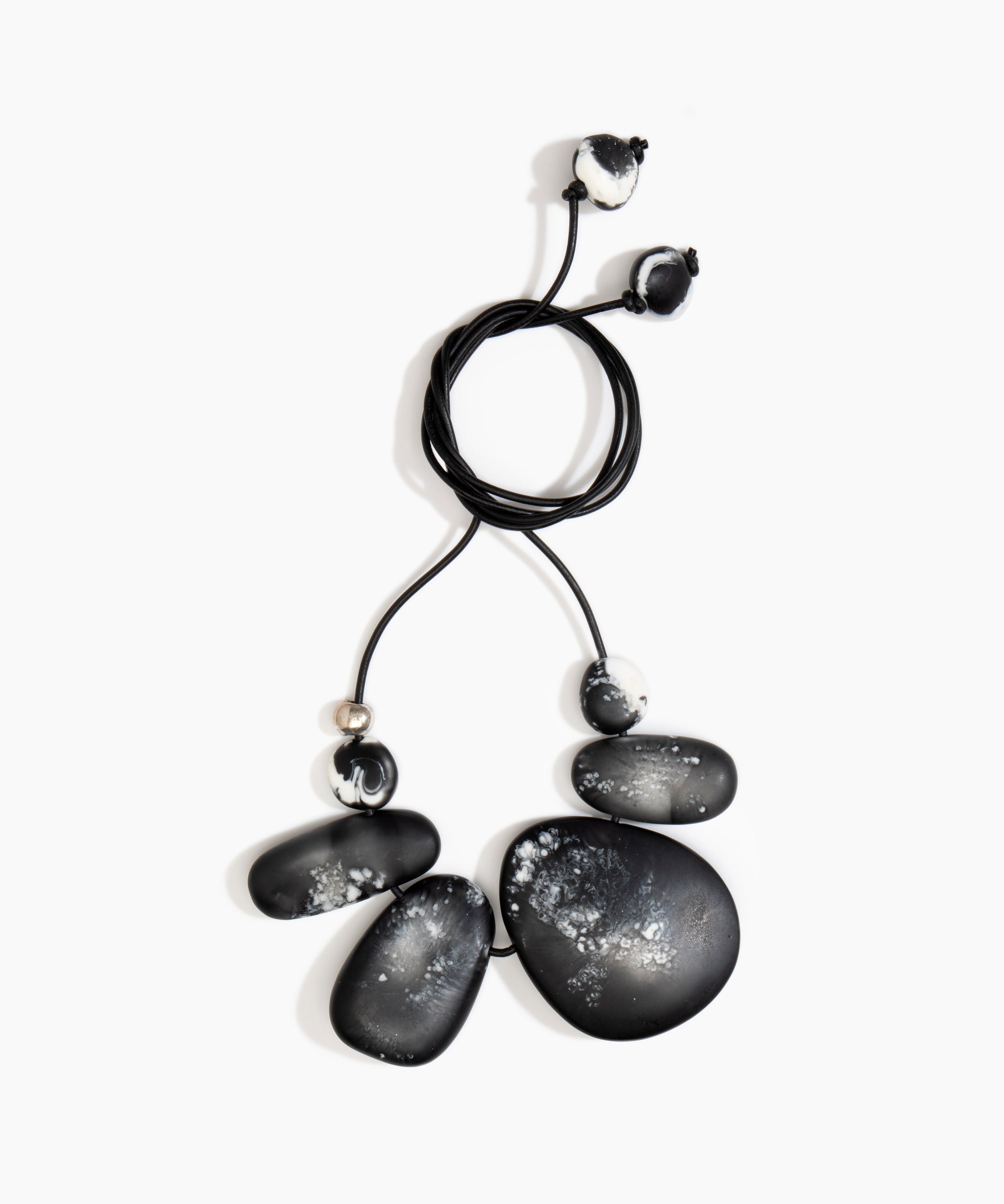 Dinosaur Designs Riverstone Choker Necklaces in Black Marble color resin with Silver 925 Bead on Black Leather Material