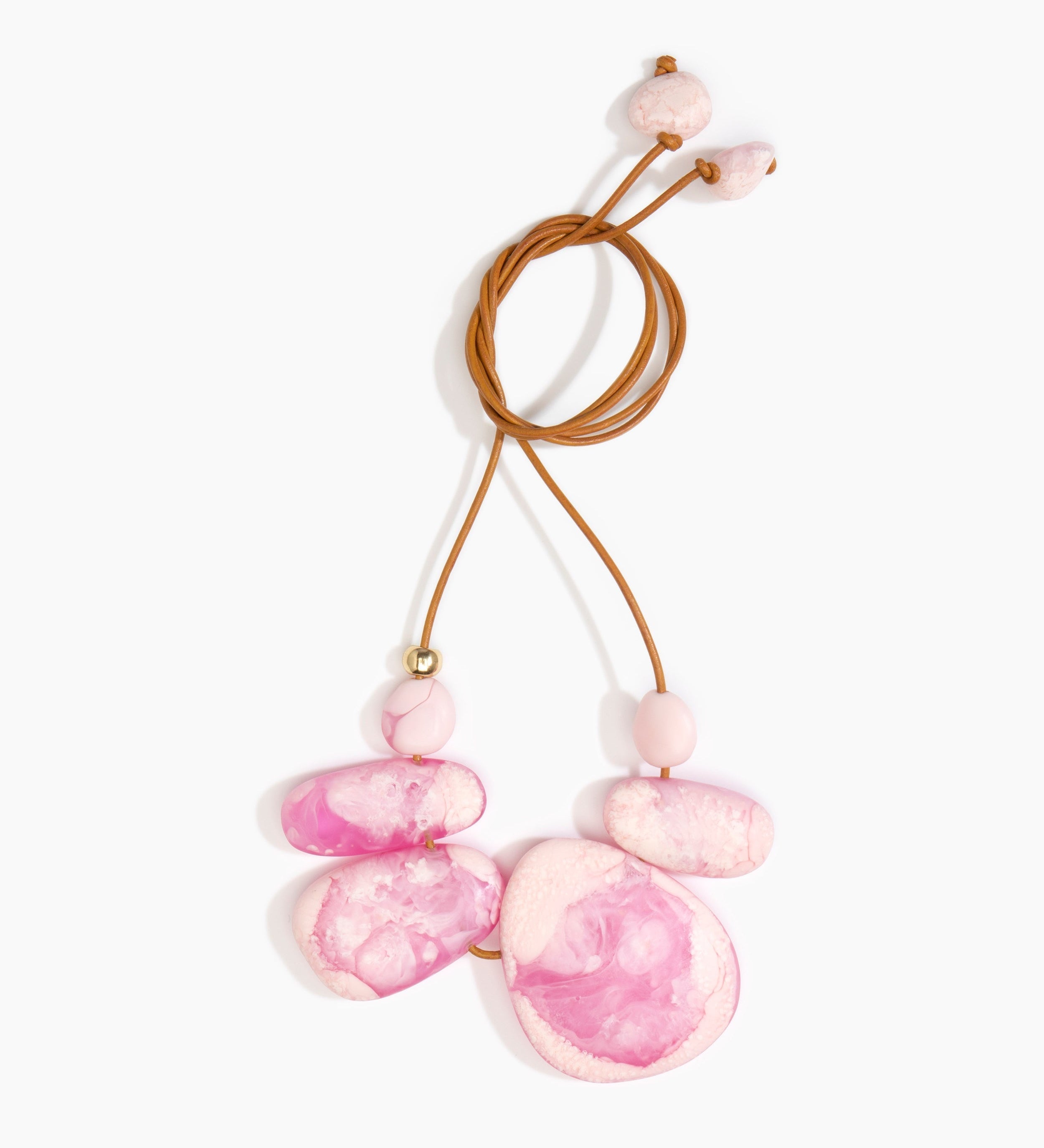 Dinosaur Designs Riverstone Choker Necklaces in Shell Pink color resin with Brass Bead on Tan Leather Material