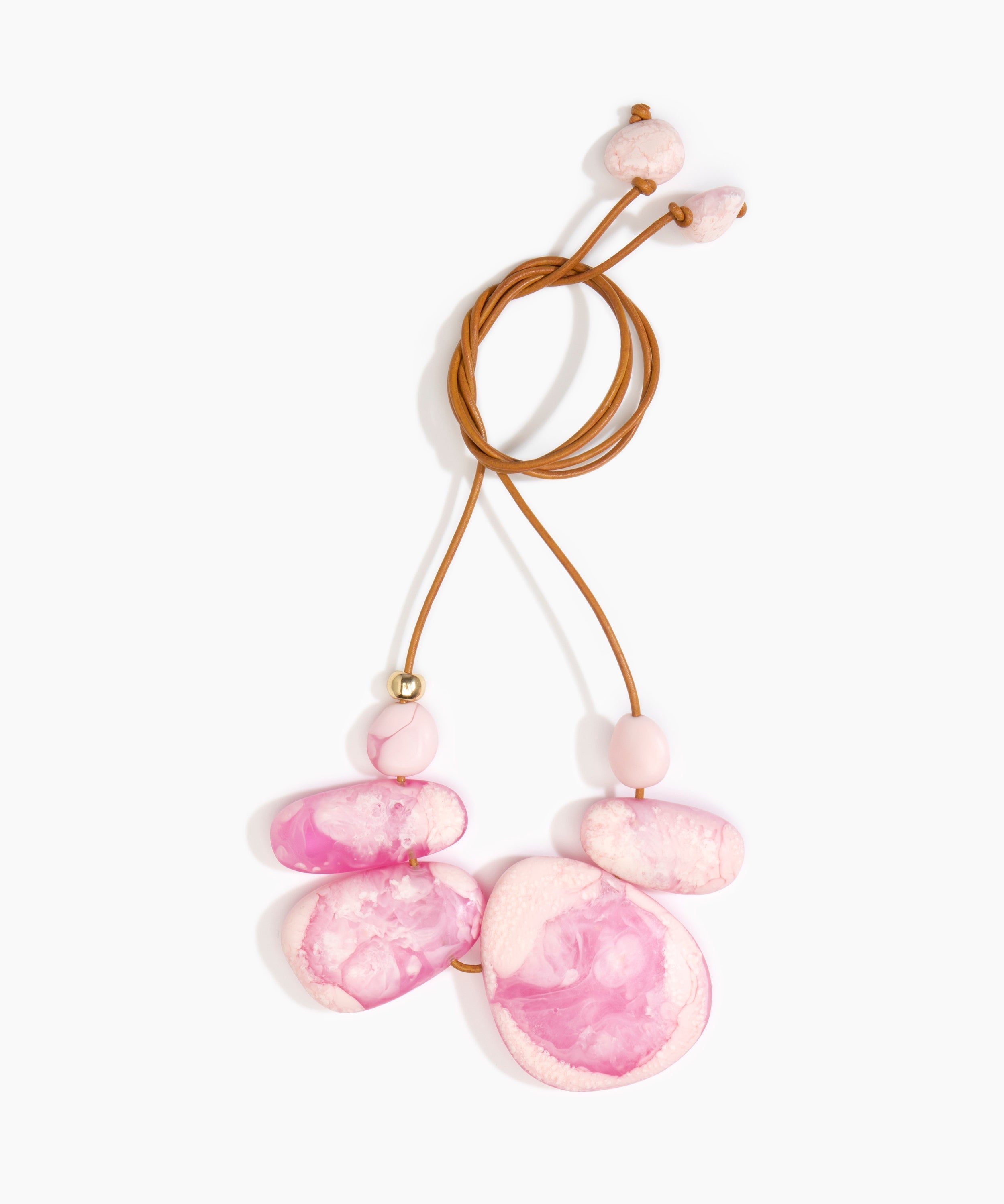 Dinosaur Designs Riverstone Choker Necklaces in Shell Pink color resin with Brass Bead on Tan Leather Material