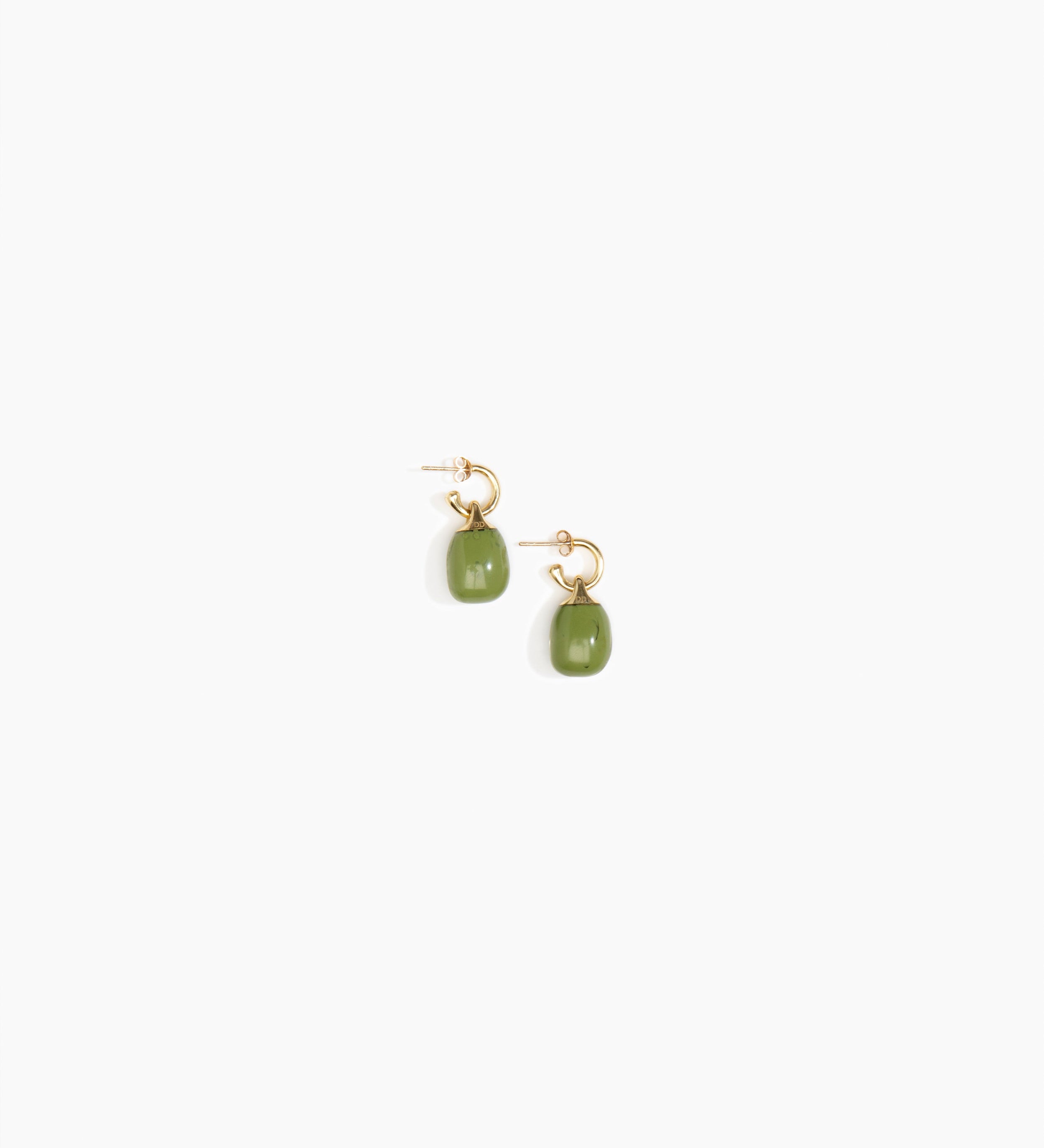 Dinosaur Designs Small River Rock Hoops Earrings in Olive color resin with Brass Hoop Material