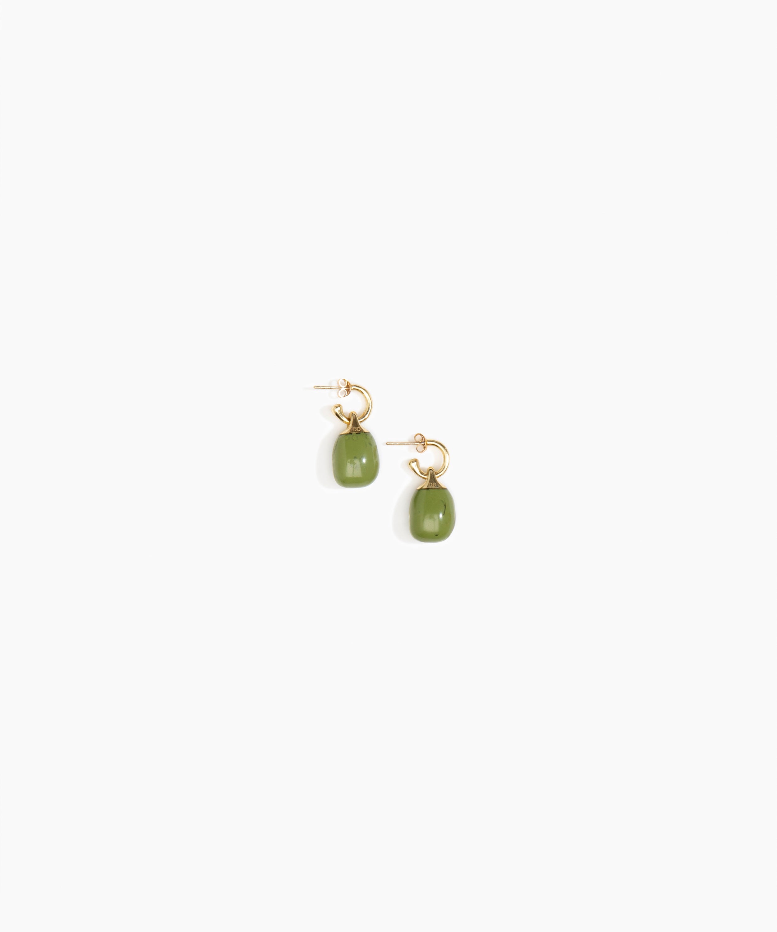 Dinosaur Designs Small River Rock Hoops Earrings in Olive color resin with Brass Hoop Material