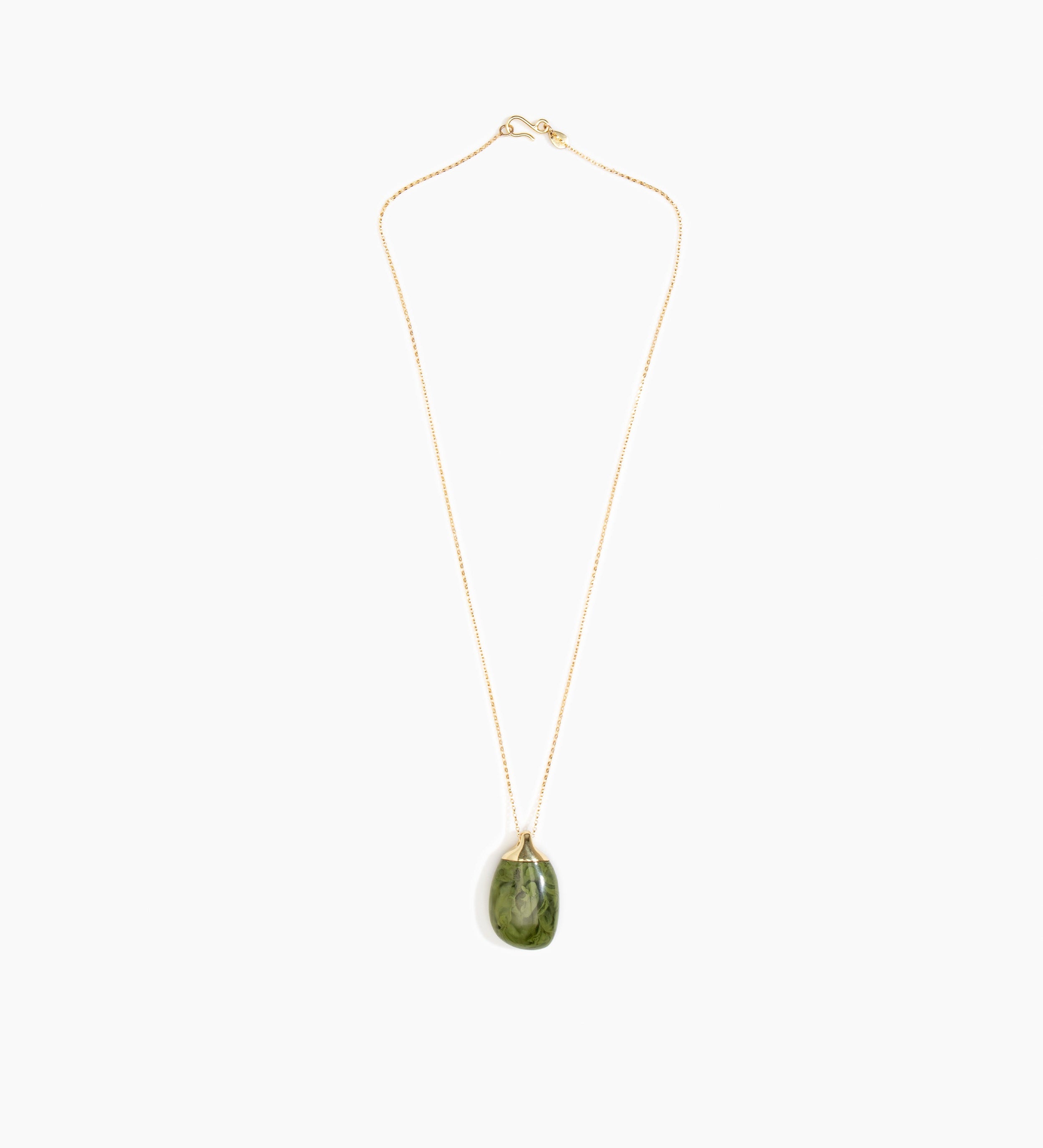 Dinosaur Designs Medium River Rock Pendant Necklaces in Olive color resin with Gold-Filled Material